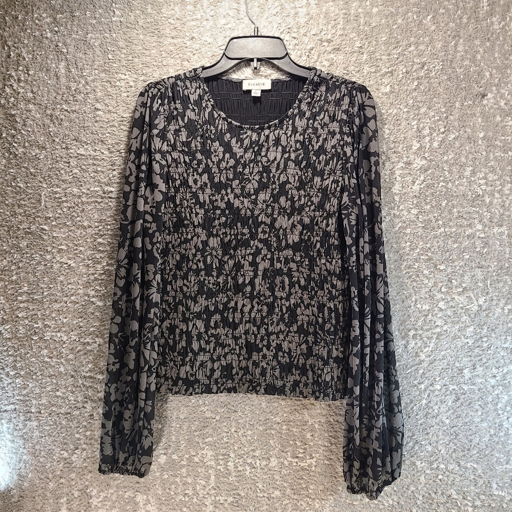 Evereve Floral Mesh Smocked Black & Gray Blouse Top Size L Ruched Long Sleeve